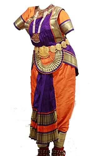 Image of Mudra Dance Costumes Classical Bharatnatyam Readymade Orange and Violet Silk Cloth Women and Kids Dress for Fancy Dress, Costume Competitions, School Dance Events, Annual Functions