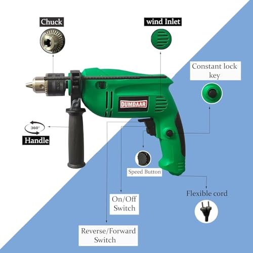 Image of Inditrust Dumdaar Impact Drill Machine Set, 700W, 100% Copper Winding, 9pc Drill Bits for Wall /Wood /Metal, (GREEN)