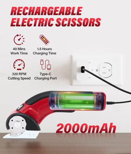 Image of HK Cordless Electric Scissors, 4V Electric Box Cutter, Carpet & Cardboard Cutter with a Replacement Blade /Charger, Rotary Cutter for Cardboard Packages Leather Plastic (Red)