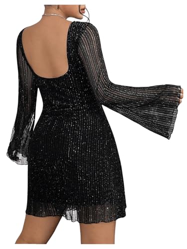 Floerns Women's Plus Size Sequin Backless Bell Sleeve Mesh Party Bodycon Mini Dress Black XX-Large Plus