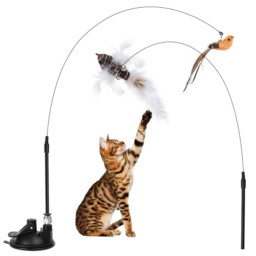2 Sets Jouet à Plumes pour Chats, Jouet Chat Interieur Interactif avec Plumes Oiseau, Jouets pour Chats Interieur avec Baguette Magique & Ventouses, Jouet interactifs pour Chats