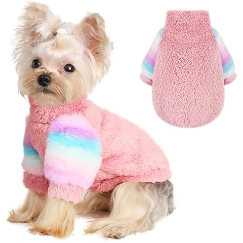 Sebaoyu Dog Sweater for Small Dog Winter Warm Fleece Dog Sweater Turtleneck Dog Sweatshirt Dog Clothes Boy Girls Pet Pullover with Rainbow Sleeves Cat Apparel Stretchy Outfit (Pink, Small) Cover