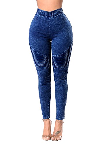 Aodrusa Womens Skinny Moto Jegging Jeans Denim Slim Fit Mid Rise Stretch Pencil Pants Dark Blue US 8-10