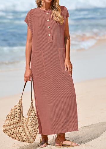 Image of KIRUNDO Womens Summer Ribbed Knit Short Sleeve Maxi Dress | 2026 Spring Henley Button Up Knitted Tshirt Dress, Loose Beach Vacation Sundress, Teacher Dress, Loose Fit Nursing Friendly