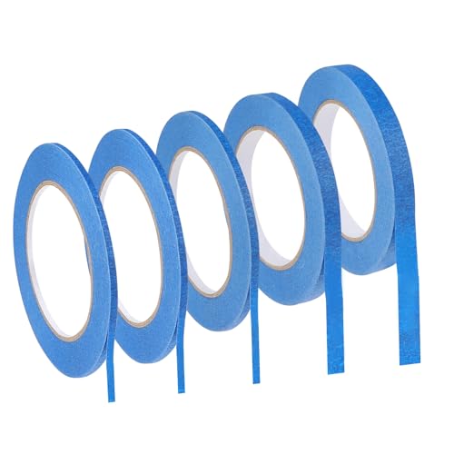 JJUNW 5 roll Blau Fine Line Tape, 3/5/10/12 mm x 50 m Zierstreifenband Masking Tape Band, Malerkrepp Selbstklebendes 4 Breiten Kreppband mit feiner Linie für Auto Schule Büro Heimwerkerprojekte