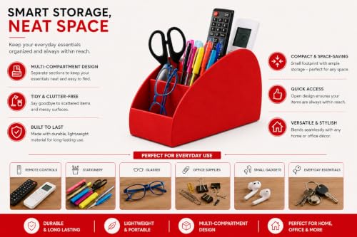 Image of Gaura Labs Remote Control Holder, Durable Storage Caddy for TV /AC Remotes, Reading Glasses & Office Supplies, Space-Saving Organizer for Nightstand, Office Desk, Living Room (Red)