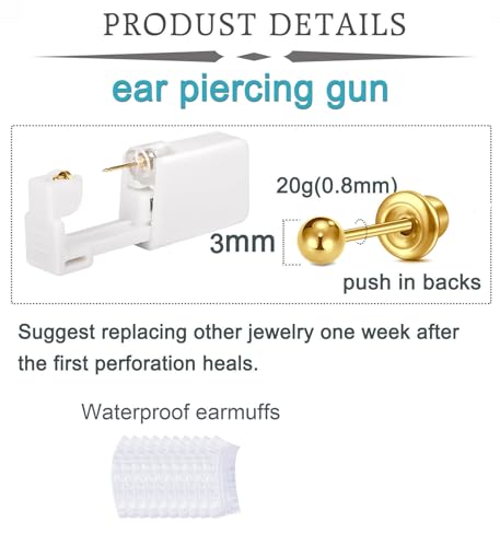 QWALIT Gold Earring Piercing Kit Ear Piercing Gun Disposable Ear Piercings Kit with Earrings Self Piercings Gun Kits at Home Piercer Tool Horseshoe Earring Hoop Double Gem Earrings Hoop Second Hole