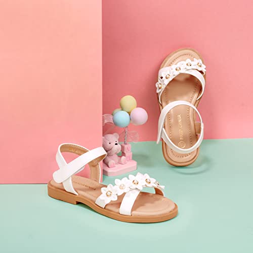 Pandaninjia Mary Girls Sandals Open Toe Cute Flower Pearl Flats Dress Sandals Cross Strappy Summer Shoes Toddler/Little Kid/Big Kid (White Pu, 13 M Us Little Kid) #TOP4