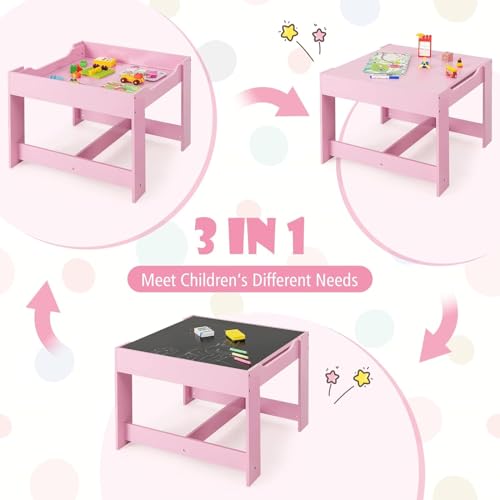 LDAILY-Kids-Table-and-Chairs-3-in-1-Activity-Table-with-Storage-Drawer-Writable-Blackboard-Detachable-Tabletop-Wooden-Toddler-Table-and-Chair-Set-for-Drawing-Reading-Writing-Playroom-Pink LDAILY Kids Table and Chairs 3 in 1 Activity Table with Storage Drawer Writable Blackboard Detachable Tabletop Wooden Toddler Table and Chair Set for Drawing Reading Writing Playroom Pink