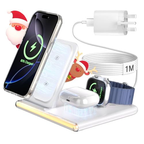 3 in 1 Wireless Charging Station for Apple Devices, Docking for iPhone 16, 15, 14, 13, 12, 11, XS, XR, Watch 10, Ultra, 9, 8, 7, 6, 5, 4, 3, 2, SE, AirPods 4, 3, 2 Pro 1m Fast Cable (Light/Foldable)