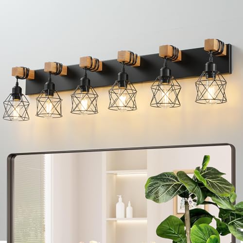 Farmhouse Vanity Light Fixture,6-Light Bathroom Lighting,Black Industrial Wood Wall Light