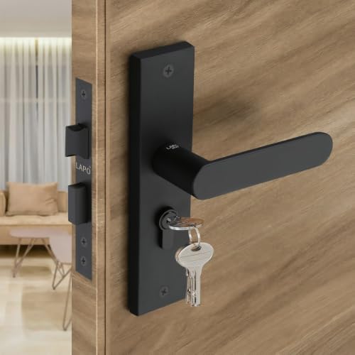 Image of LAPO Mortise Lock Set Assembly for Front Door, 45x45mm Lock Body, Black Finish, Supports 30-50mm Door Range, 60mm Cylinder, 3 Brass Keys, Left-Right Fitment, 3 Year Warranty, Cy-180