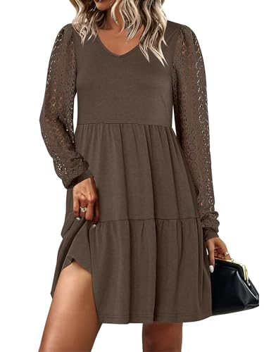 ANRABESS Dresses for Women Casual Lace Long Sleeve V Neck Tiered Swing Flowy Loose A-line Mini Short 2025 Fall Vacation Dress
