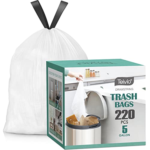 Image of 5 Gallon 220pcs Strong Drawstring Trash Bags Garbage Bags by Teivio, Bathroom Trash Can Bin Liners, Small Plastic Bags for home office kitchen, White
