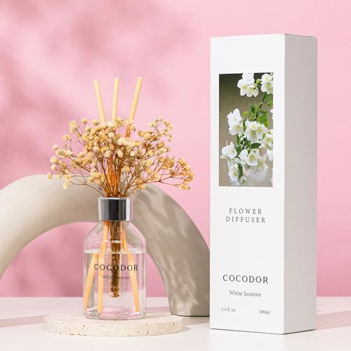 Image of COCODOR Flower Reed Diffuser Set / 3.4oz / White Jasmine /Scent Diffuser with Sticks Home Fragrance Reed Diffuser for Bathroom Shelf Decor