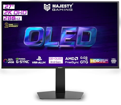 ماجيستي شاشة العاب OLED 27 انش 2K QHD | QD-OLED | 280Hz | 0.03ms | HDR400 | 157% sRGB | 10 بت | جي سينك & فري سينك | HDMI 2.1 | DP وUSB-C | فيسا | مكبرات صوت مدمجة | خلفية RGB | حامل مرن