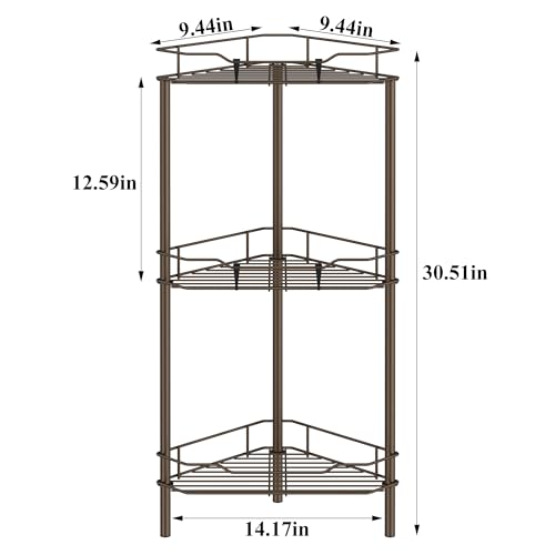 Image of HuggieGems 3 Tier Floor Standing Corner Shower Caddy Organizer Shelf with Hooks, Bathroom Shelves Stand Rack, Bronze