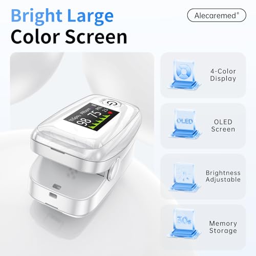 Image of Alecaremed YM504 Pulse Oximeter, 4 Color TFT-OLED 20 x Memory Oxygen Monitor Fingertip, Blood Oxygen Saturation Monitor with Alarm, Batteries and Lanyard (White)