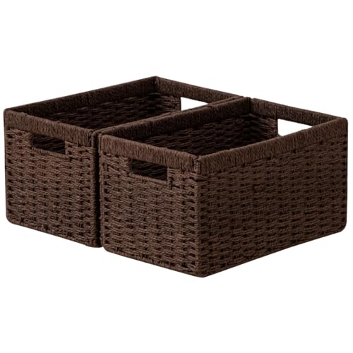 joybest Dark Brown Wicker Baskets for Shelves, Hand-woven Storage Baskets | 13.4L x 8.3W x 7.1H inch for Pantry, Kichen Organizing, Foldable Rectangular Bin with Handles, 2-pack