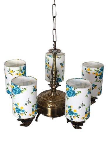 Image of Devansh 05 Lights Printed Round Cotton Shade with Antique Golden Chandelier -E