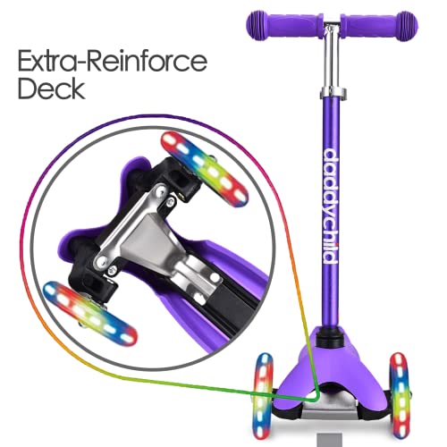 Image of 3-Wheel Kick Scooter for Kids Ages 3-8 Lean-to-Steer Toddler Scooter with Extra Wide Light Up Wheels, 4 Adjustable Heights, Foldable Scooters for Boys & Girls, Max Weight 110lbs (Purple)