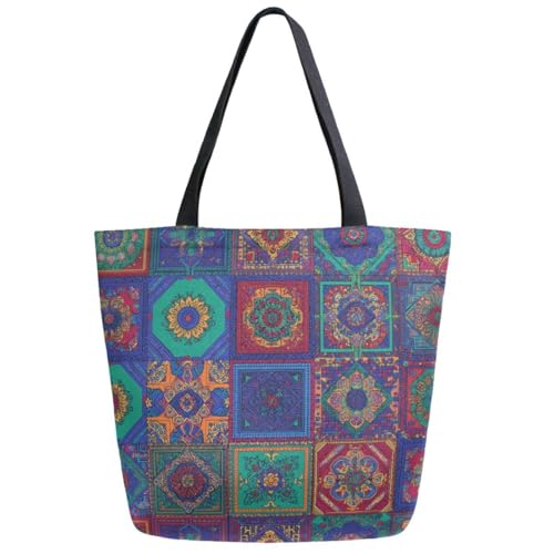 Vibrant Checks Mandala Pattern Extra Large Canvas Gym Shoulder Tote,Durable Daily Reusable Top Handle Bag for Mens Womens Yoga Weekender Picnic Beach Travel Market Shopping