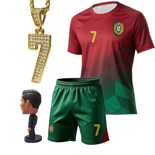 RAVESEC Boys soccer jersey kids childrens sportswear youth football uniforms with doll and necklaces (red/green 8-9 years)