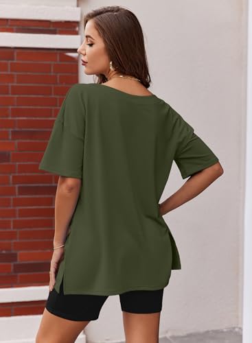 Image of Ekouaer Womens Pajamas 2 Piece Lounge Sets Oversized V Neck T-Shirts Tops Biker Shorts Set Workout Reversible Tracksuit Army Green /Black