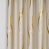 MYRU 1 Pair Pencil Pleat Luxury Striped Blackout Curtains for Bedroom Living Room (Beige and Gold,66x90 Inch)
