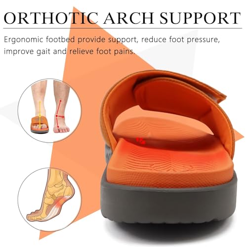 Image of KuaiLu Mens Atheletic Slides Wide Adjustable Arch Support Sport Sandals | Soft Cushioned Open Toe Summer Slippers for Plantar Fasciitis Slip On House Shoes Indoor Outdoor