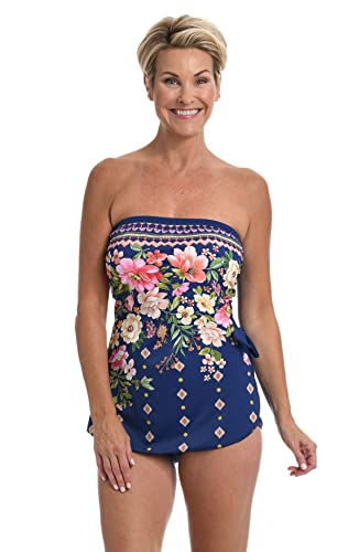 Maxine Of Hollywood Women's Standard Bandeau Sarong One Piece Swimsuit, Navy//Border Blooms, 16 #TOP2