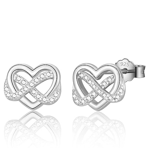 Image of Silver Stud Earrings for Women, Sparkling Infinity Heart Shaped Studs with Cubic Zirconia│Dainty Sterling Silver Studs Earrings Gifts for Girls│Birthday Small Silver Stud Earrings