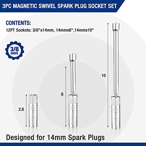 Workpro 3Pc Magnetic Swivel Spark Plug Socket Set-Includes 14Mm Thin Wall Socket With 6- And 10-Inch Extensions, 3/8-Inch Drive With 12-Point, Magnetic Core #TOP1