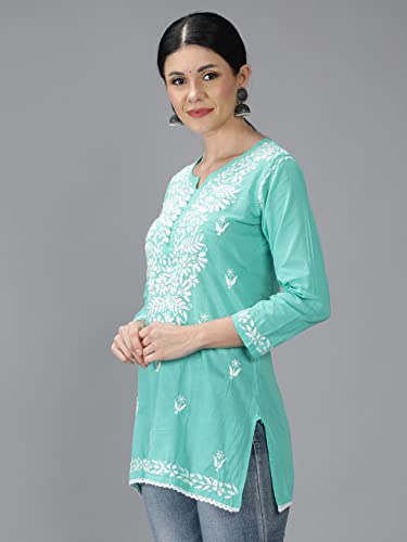 Image of Seva Chikan Hand Embroidered Lucknowi Chikankari Cotton Short Top Tunic for Women SCL9017