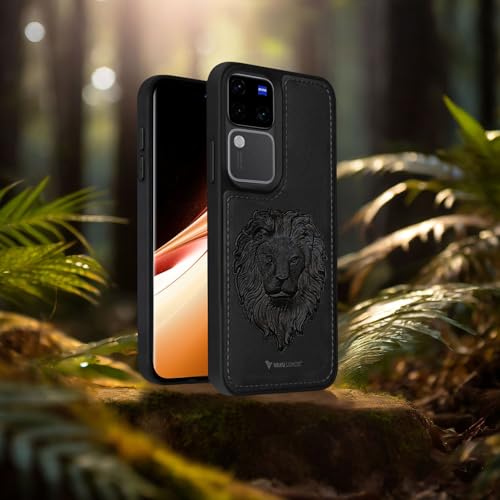 Image of Vaku Luxos️ Lion Embossed Back Cover Case for Vivo V30 5G Premium Leather Stitched Soft Shockproof Protective TPU Phone Case Camera Screen Protector- Black