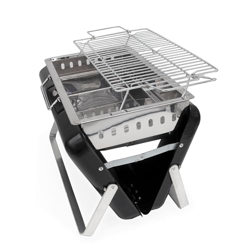 RIN & RUT Tragbarer Holzkohlegrill klappbar – Kompakter Design BBQ-Grill wie ein Koffer – Mit Belüftung, 2-stufigem Edelstahlrost & faltbarem Gehäuse – Ideal für Balkon, Camping & Reisen – Bild 3