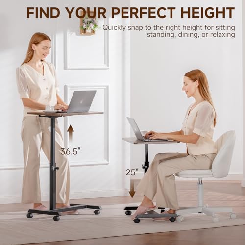 Image of GTPLAYER Small Standing Desk, 24 Inches Foldable Mobile Rolling Laptop PC Table with Lockable Casters, Adjustable Height Overbed Bedside Table Computer Workstation for Home Office, Dark Brown-Foldable
