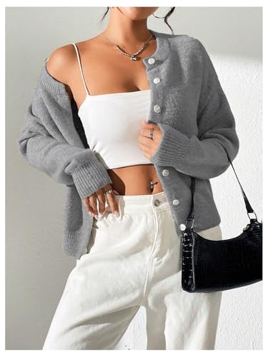 Image of SweatyRocks Women's Fall Button Down Lightweight Cardigan Ribbed Knit Long Sleeve Crew Neck Sweater