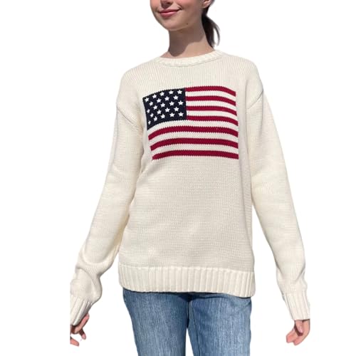 Image of Womens American Flag Sweater Long Sleeve Crew Neck Star Graphic Knit Pullover Tops Casual Loose USA Sweater