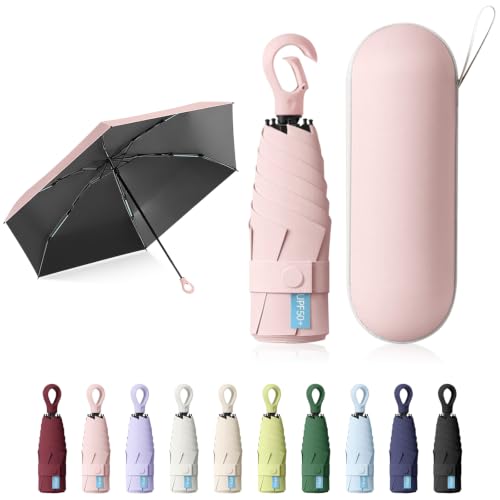 Image of Sykerout 6 Ribs Mini Travel Umbrella, Compact Pocket Size With Storage Box,Light Pink,Light Pink