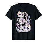 Kawaii Pastel Floral Goth Cute Creepy Cat Skeleton T-Shirt