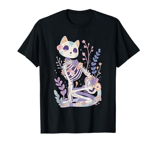 Kawaii Pastel Floral Goth Cute Creepy Cat Skeleton T-Shirt