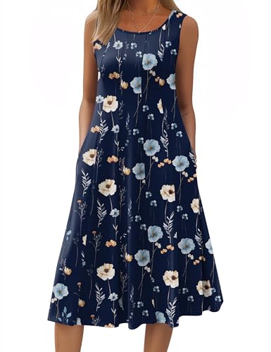 HOTOUCH Summer Dresses for Women Casual Printed Sunddress with Pockets T-Shirt Dress Tropical Flowy Dress S