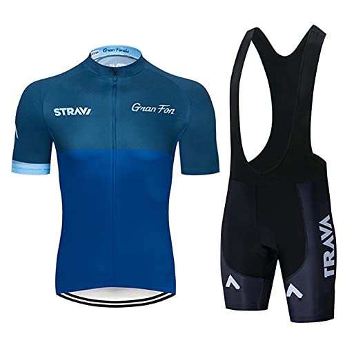 Herren Radtrikot Set, Fahrradtrikot Kurzarm + Fahrradanzug Schnell Trocken Radsportanzug mit Bib Shorts für Radfahren MTB (Blue B,L) Cover