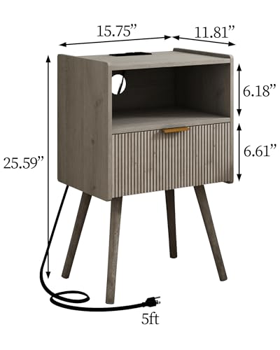 Image of JOONEE Nightstand with Outlet,Modern Bedside Table with Storage Drawer and Open Wood Shelf, for Living Room, Bedroom and Small Spaces, Accent Night Stand with Solid Wood Legs, Easy Assembly,Grey Oak