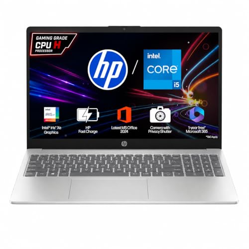 HP 15, 13th Gen Intel Core i5-13420H, (16GB DDR4, 512GB SSD), FHD, Anti-Glare, Micro-Edge, 15.6''/39.6cm, Win11, M365 Basic(1yr)* Office24, Silver, 1.65kg, FR0045TU, Camera w/Shutter, Backlit Laptop view 1