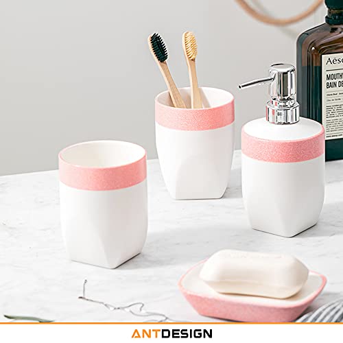 AntDesign Pink Bathroom Accessory Set 5 Pcs, Including Hand Pump Soap Dispenser, Soap Dish, Toothbrush Holder and Vase,for Modern Bathroom Décor (Pink)