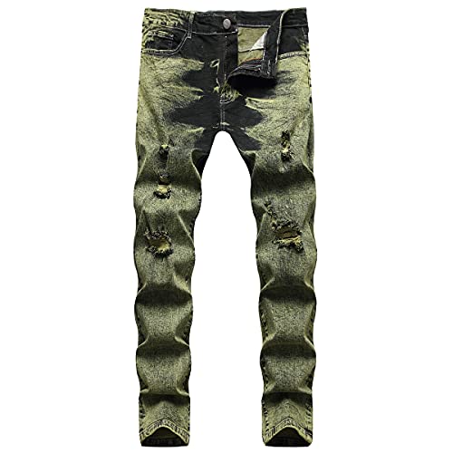 Slim Fit Stretch Skinny Jeans For Men Green Distressed Destroyed Ripped Straight Denim Jean Washed Pant