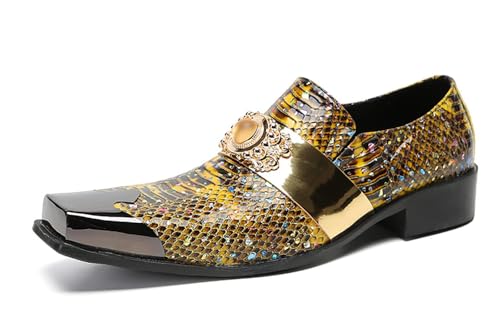 Santimon Men's Slip On Shoes Penny Loafers - Genuine Leather Dress Shoes with Yellow Gemstones & Metal-Square Toe for Wedding, Party, Disco & Bar