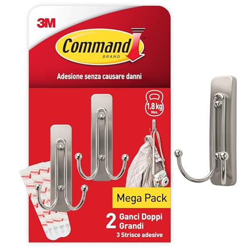Command Gancio Adesivo Metallico Doppio in Nichel Spazzolato Grande, 2 Ganci e 3 Strisce- Appendi Abiti, Cappelli, Borse e Altro da Parete o Porta senza Chiodi